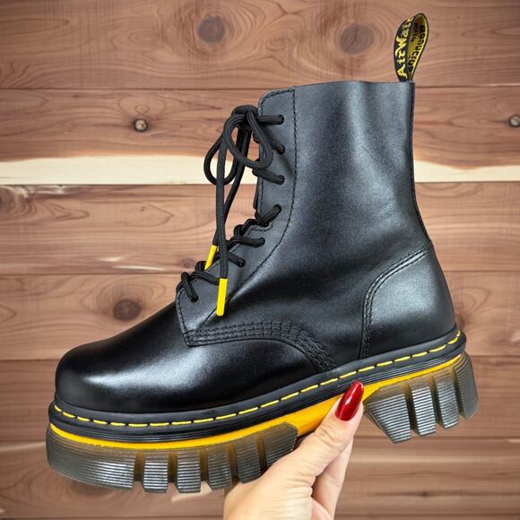 Dr. Martens Audrick Boot Black Leather Yellow Stitch Platform Women's size 8 - Picture 12 of 16